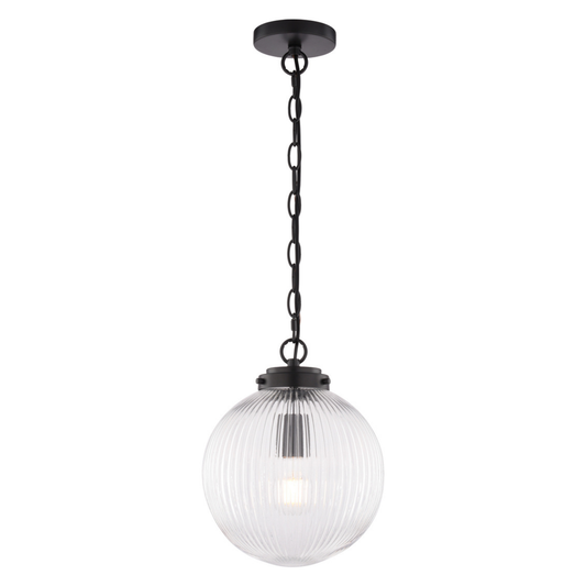 Linden 10-in. W 1 Light Globe Pendant Matte Black With Clear Ribbed Glass