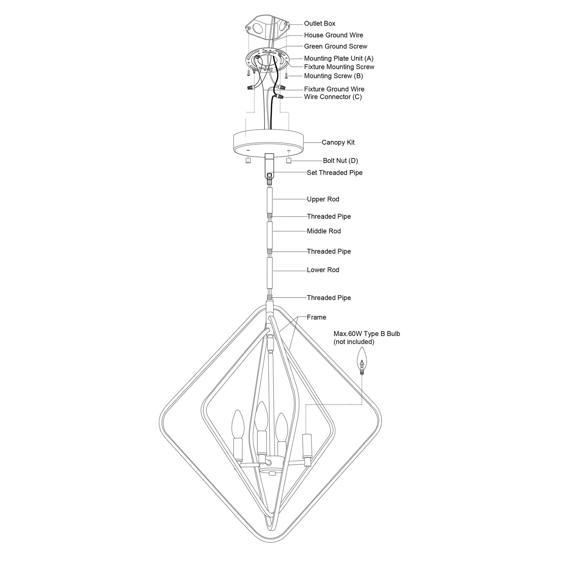 Brady 22 - in. 4 Light Pendant Black and Satin Brass - Orvon Lighting