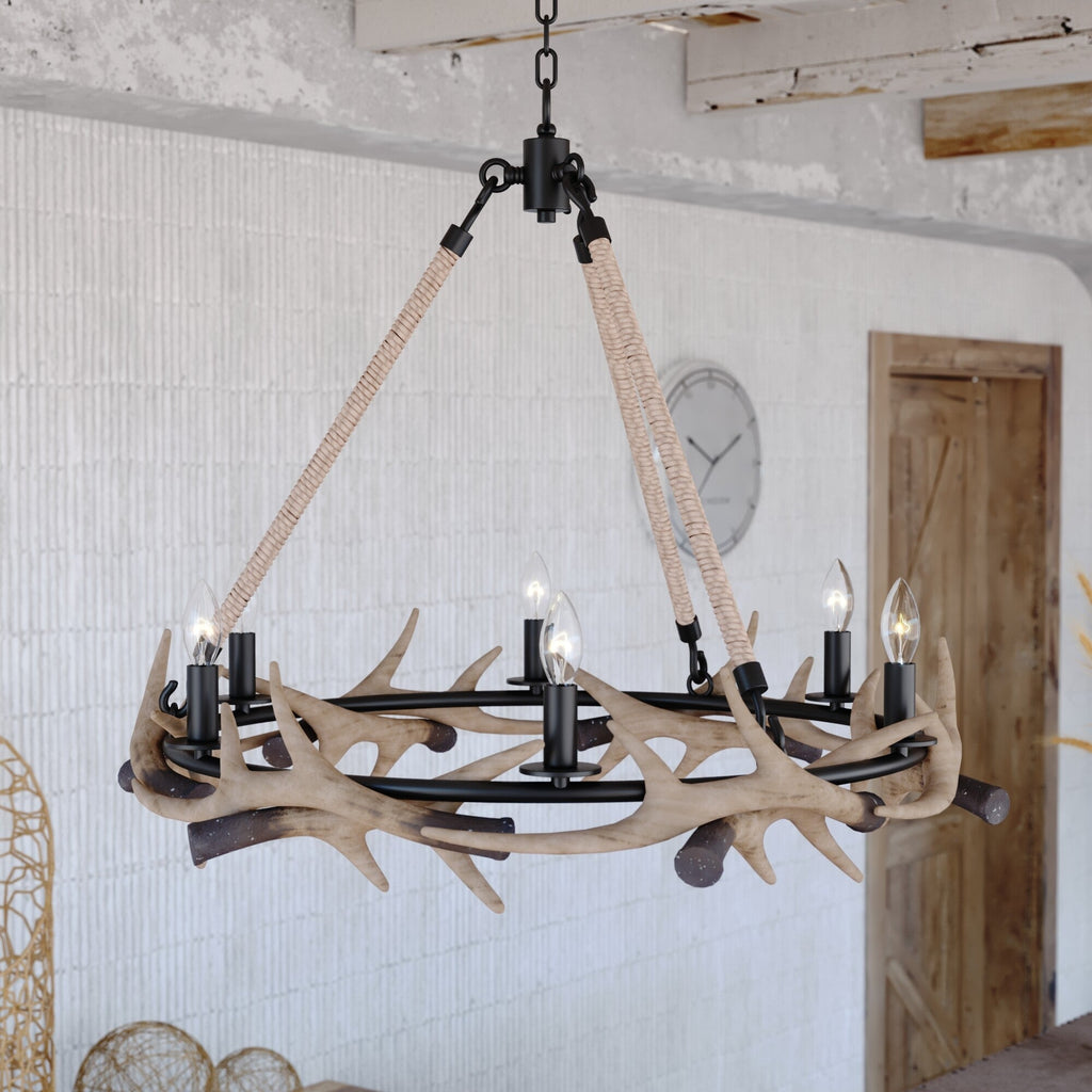 Breckenridge 30.5 - in. 6 Light Antler Chandelier Aged Iron with Natural Rope - Orvon Lighting