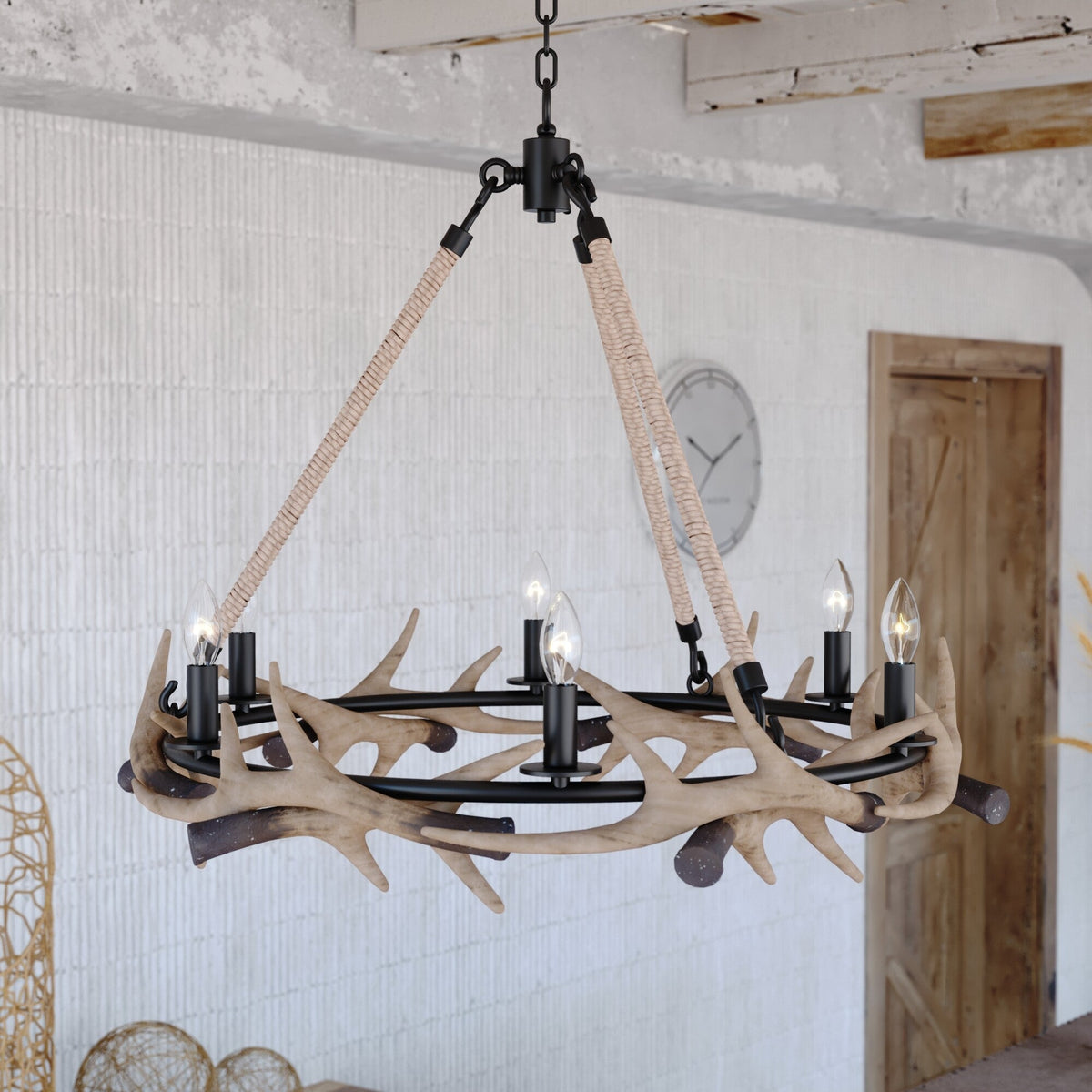 Breckenridge 30.5 - in. 6 Light Antler Chandelier Aged Iron with Natural Rope - Orvon Lighting