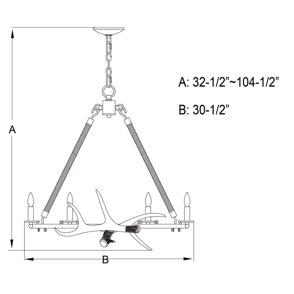 Breckenridge 30.5 - in. 6 Light Antler Chandelier Aged Iron with Natural Rope - Orvon Lighting