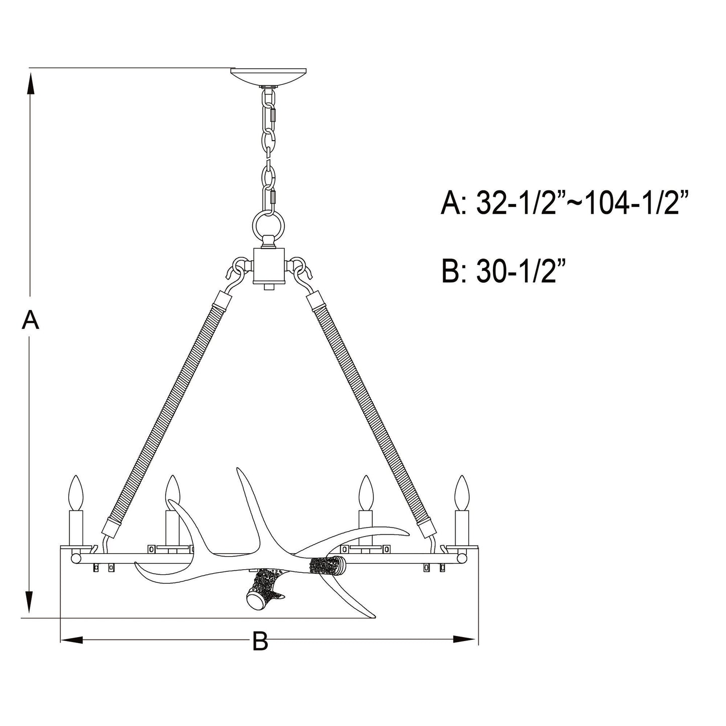 Breckenridge 30.5 - in. 6 Light Antler Chandelier Aged Iron with Natural Rope - Orvon Lighting