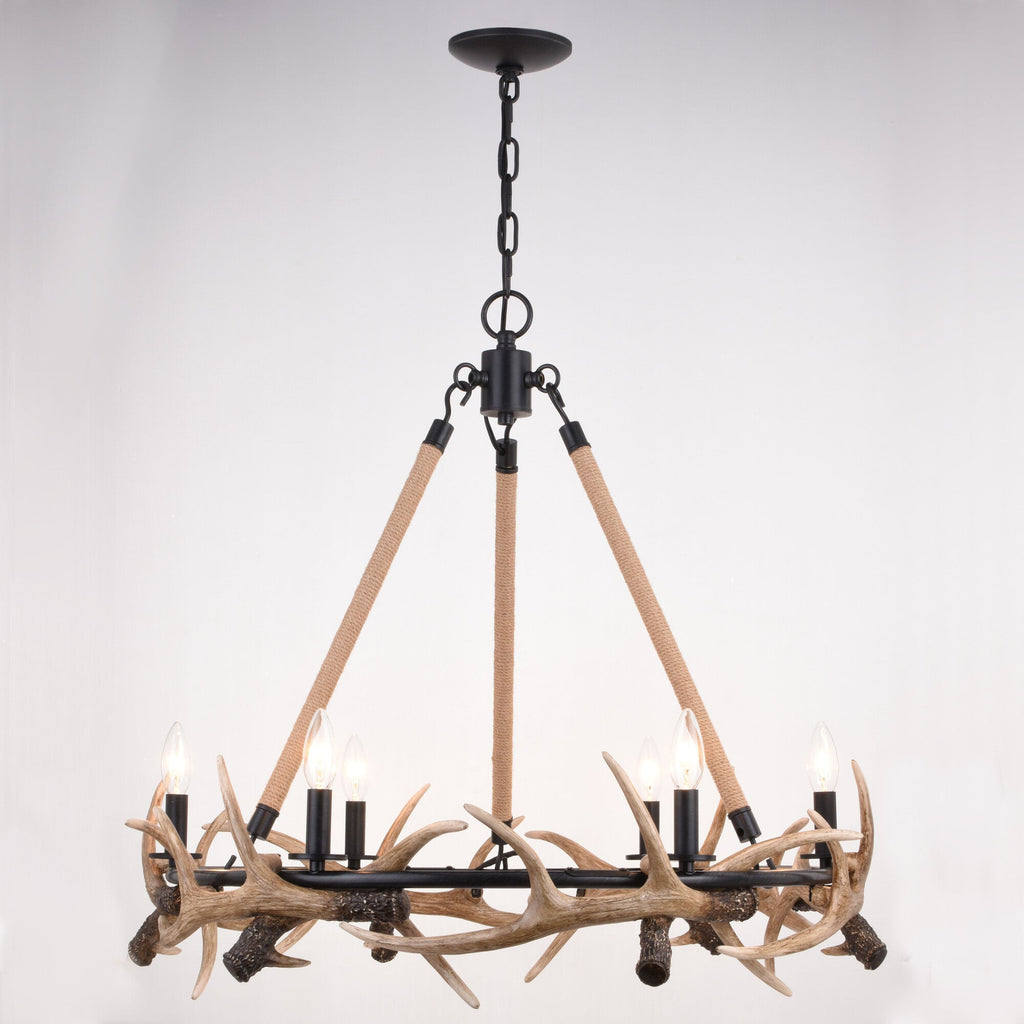 Breckenridge 30.5 - in. 6 Light Antler Chandelier Aged Iron with Natural Rope - Orvon Lighting