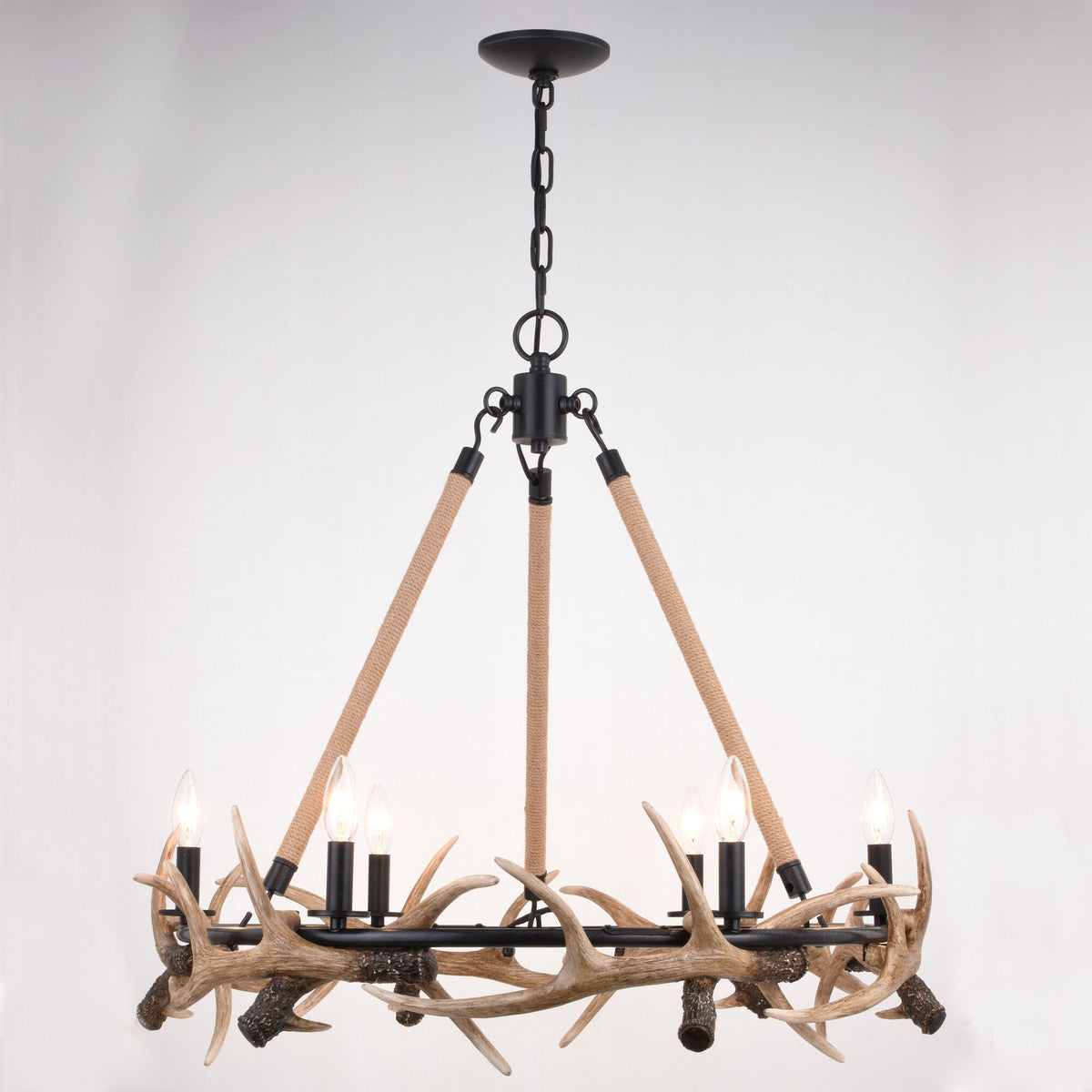 Breckenridge 30.5 - in. 6 Light Antler Chandelier Aged Iron with Natural Rope - Orvon Lighting