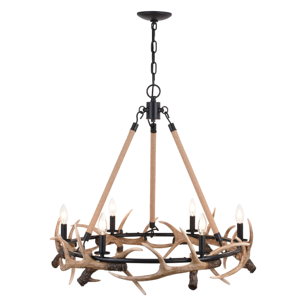 Breckenridge 30.5 - in. 6 Light Antler Chandelier Aged Iron with Natural Rope - Orvon Lighting