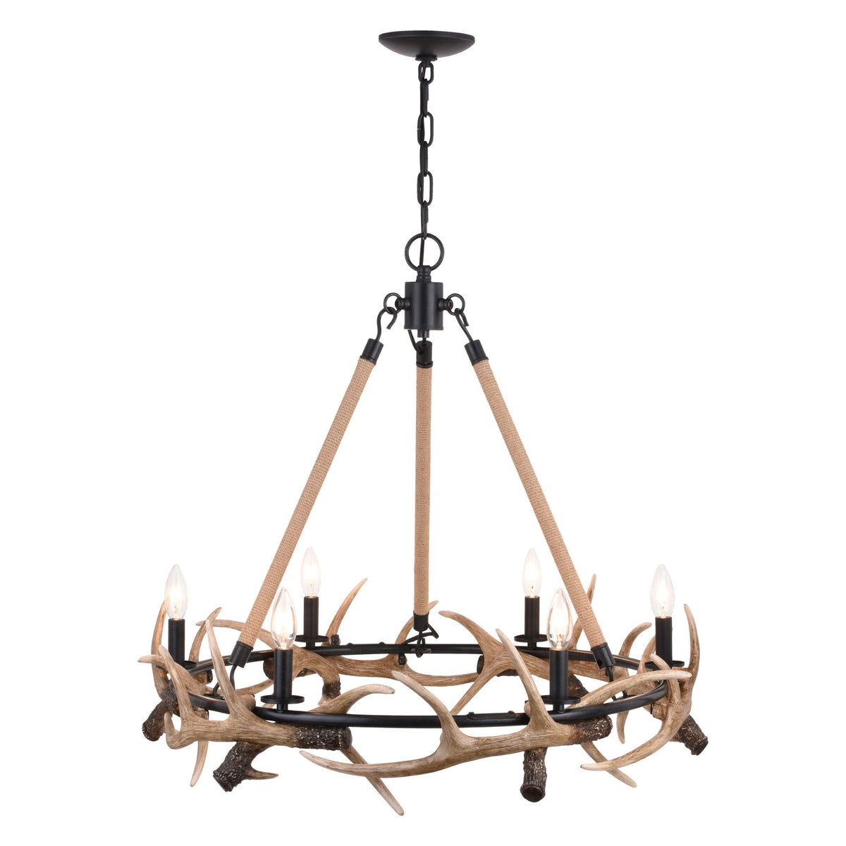 Breckenridge 30.5 - in. 6 Light Antler Chandelier Aged Iron with Natural Rope - Orvon Lighting