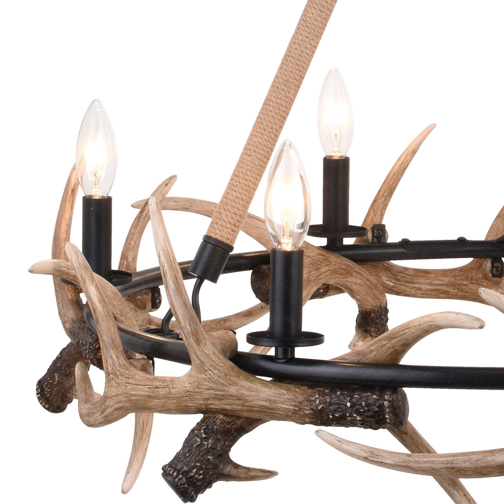 Breckenridge 30.5 - in. 6 Light Antler Chandelier Aged Iron with Natural Rope - Orvon Lighting
