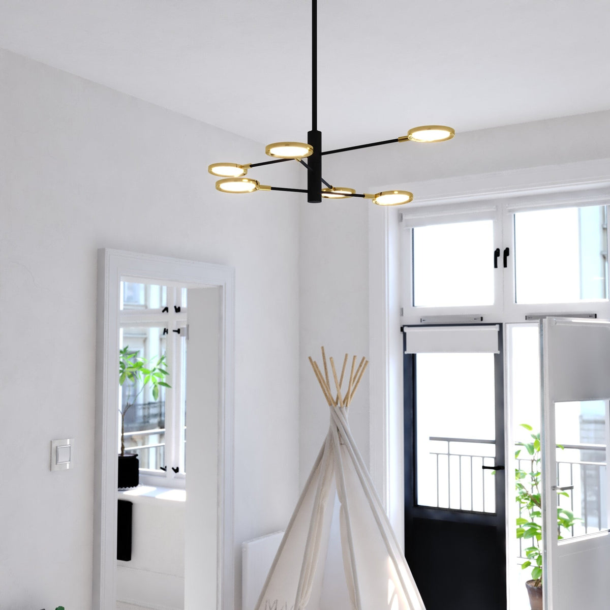 Cullerto 34.75 - in. 6 Light LED Pendant Matte Black and Antique Gold - Orvon Lighting