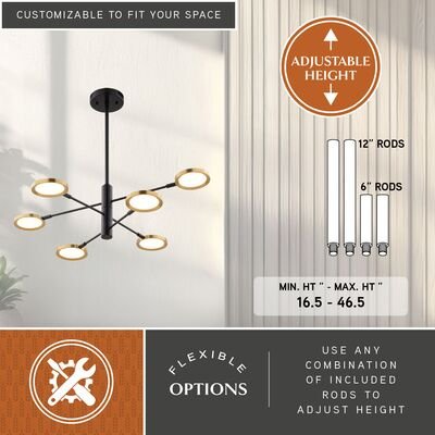 Cullerto 34.75 - in. 6 Light LED Pendant Matte Black and Antique Gold - Orvon Lighting