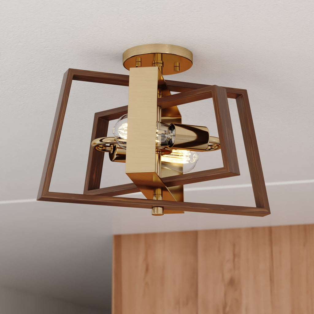 Dunning 16 - in. 2 Light Semi - Flush Mount Natural Brass and Burnished Chestnut - Orvon Lighting