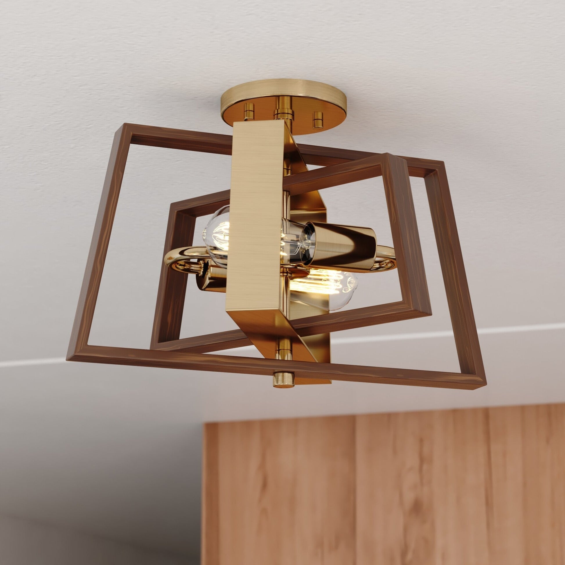Dunning 16 - in. 2 Light Semi - Flush Mount Natural Brass and Burnished Chestnut - Orvon Lighting