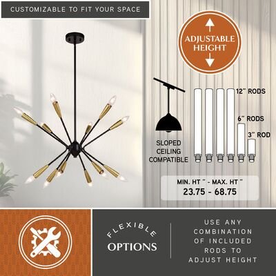 Ellis 25.25 - in. 12 Light Pendant Matte Black and Satin Brass - Orvon Lighting