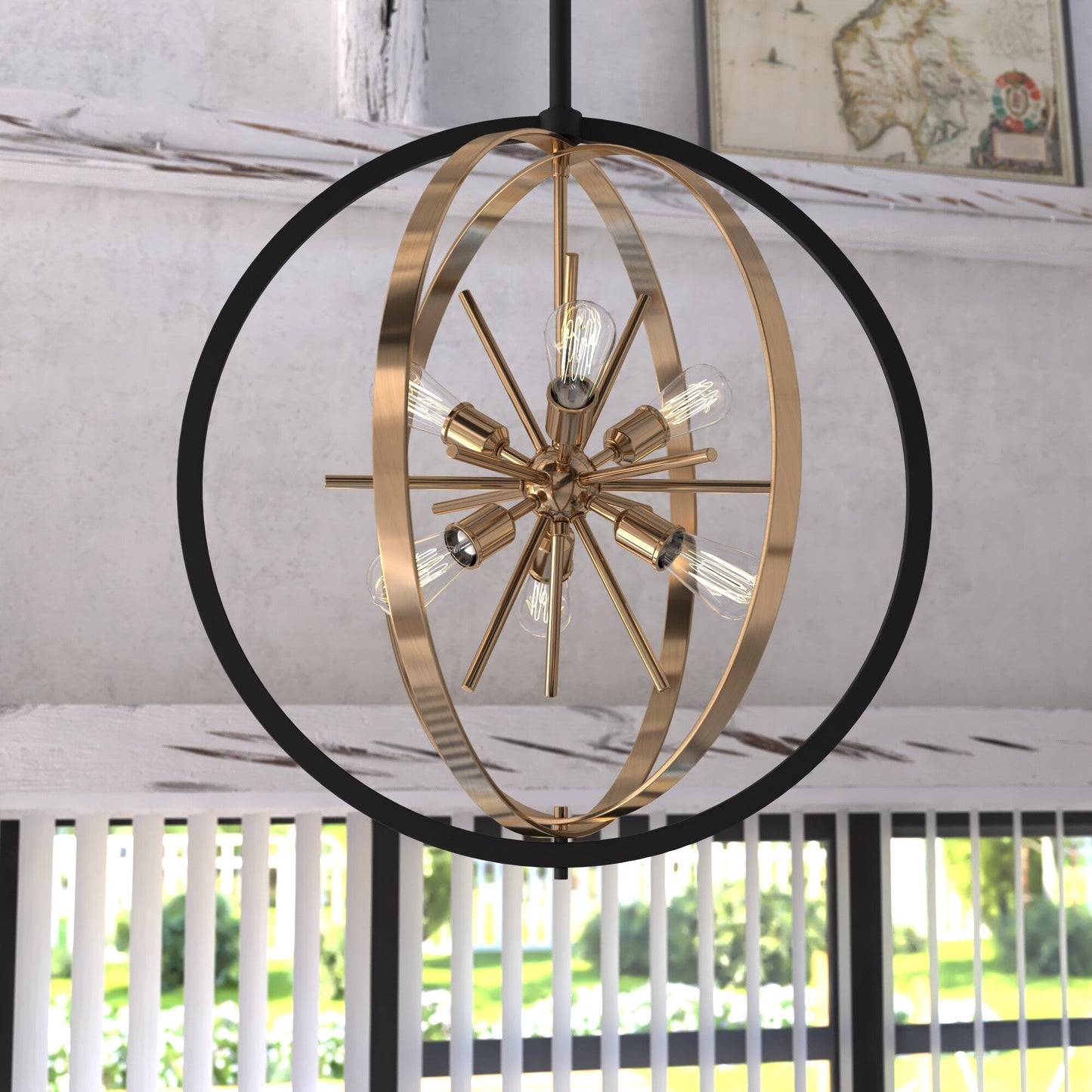 Estelle 26.75 in. 6 Light Orb Pendant Natural Brass and Matte Black - Orvon Lighting