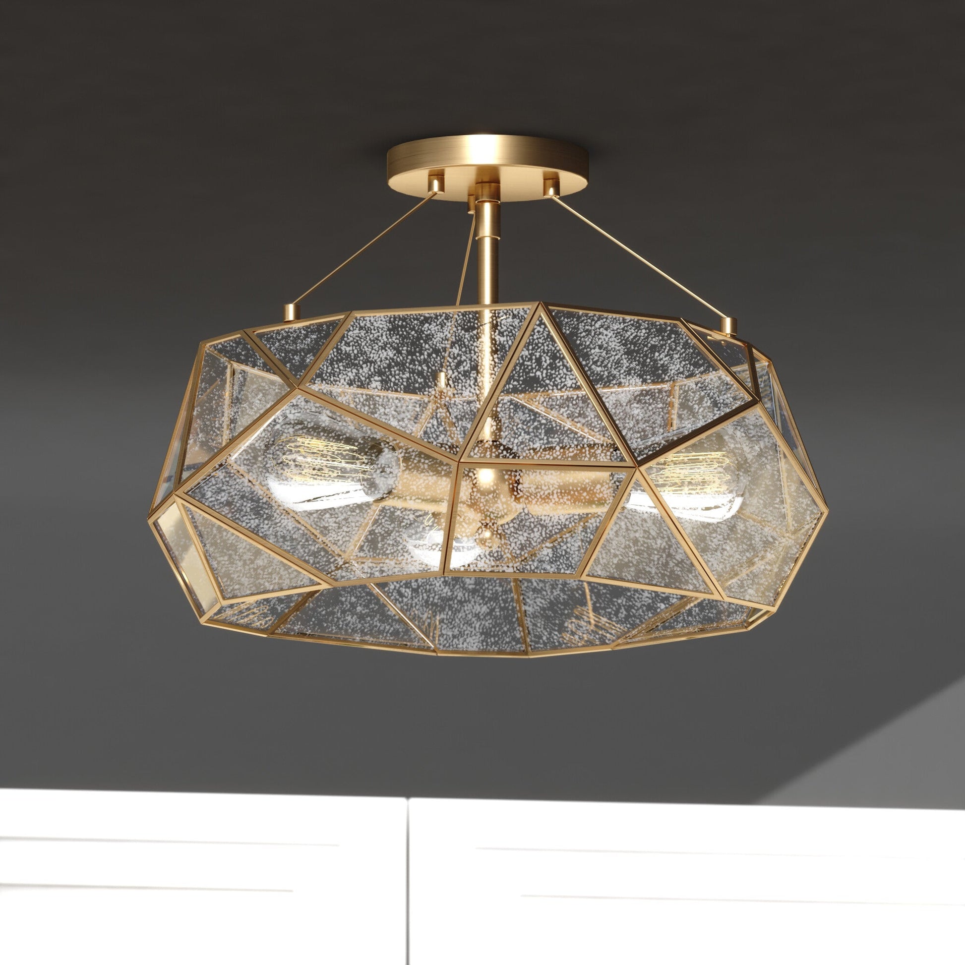 Euclid 16 - in. 3 Light Semi - Flush Mount Aged Brass - Orvon Lighting