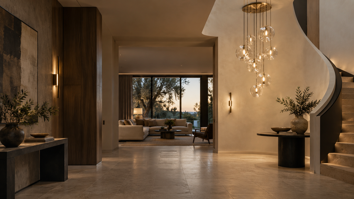 Warm contemporary foyer with sculptural statement lighting