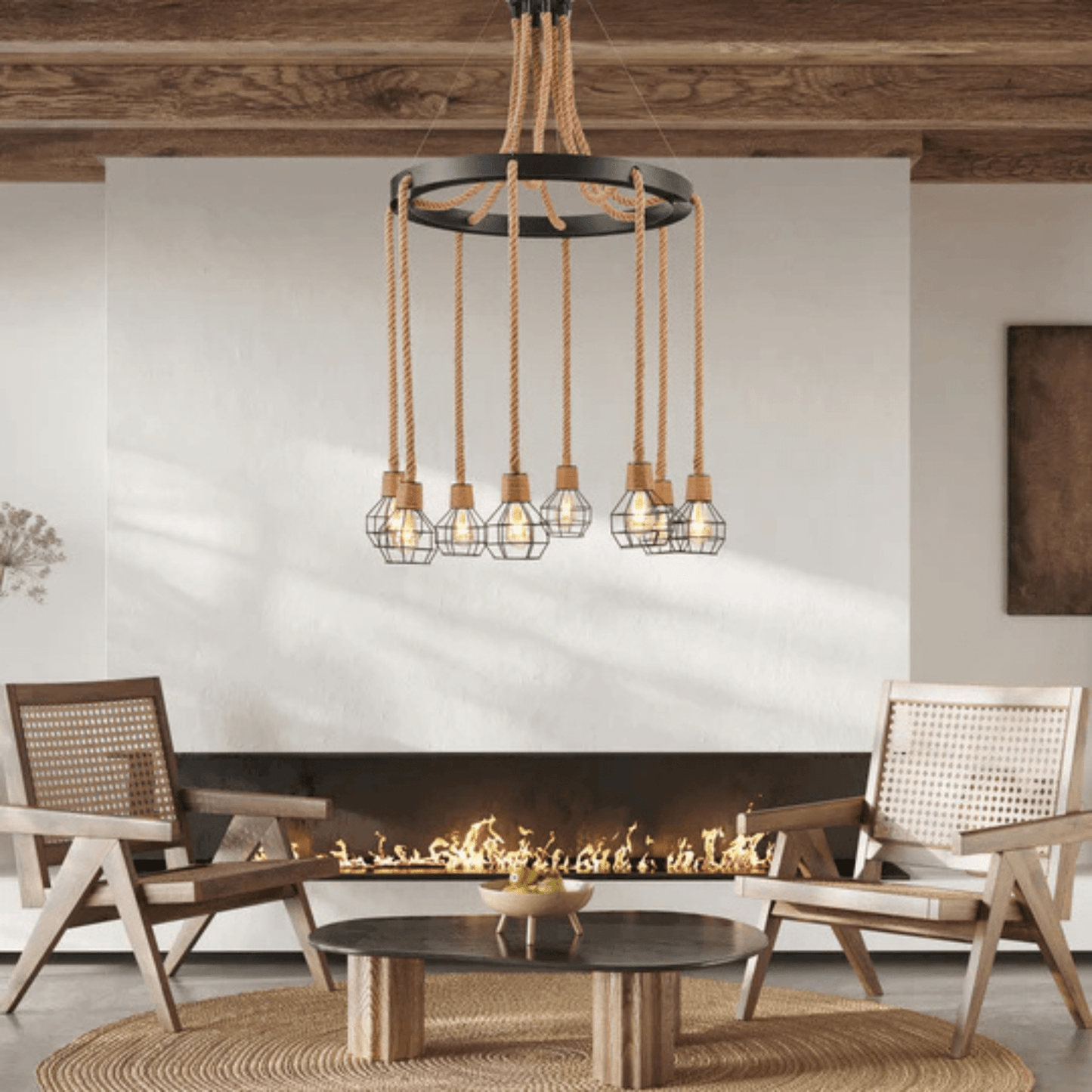 Steel and Ropes 8 Light Chandelier Black - Orvon Lighting