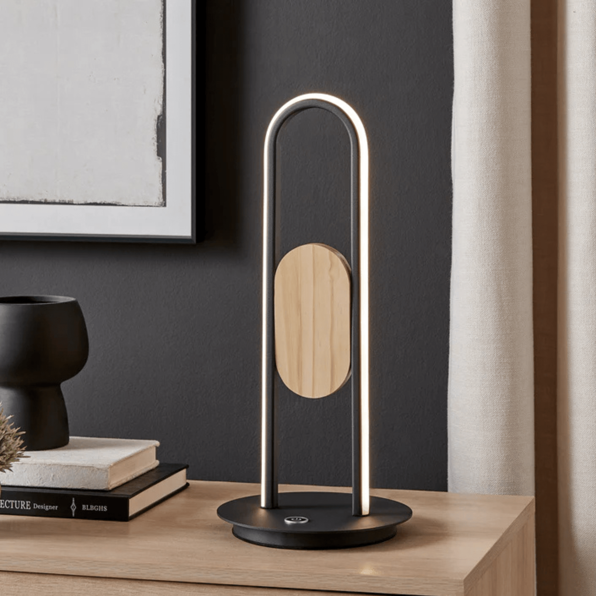 Table Lamp Satin Black & Wood - Orvon Lighting