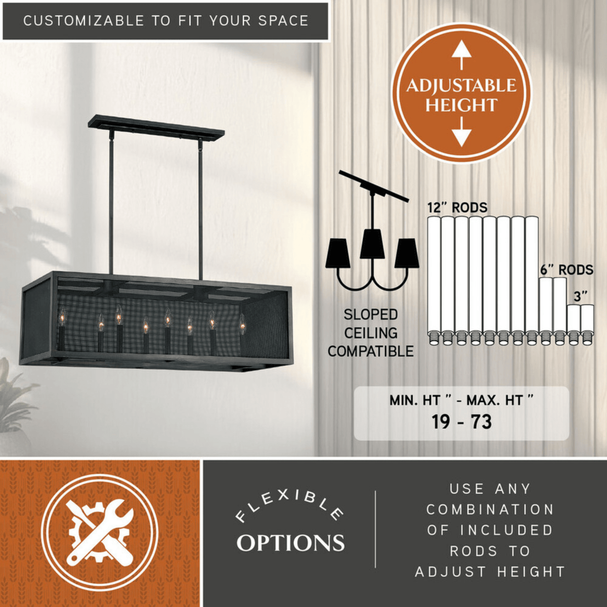 Wicker Park 8L Linear Chandelier Warm Pewter - Orvon Lighting