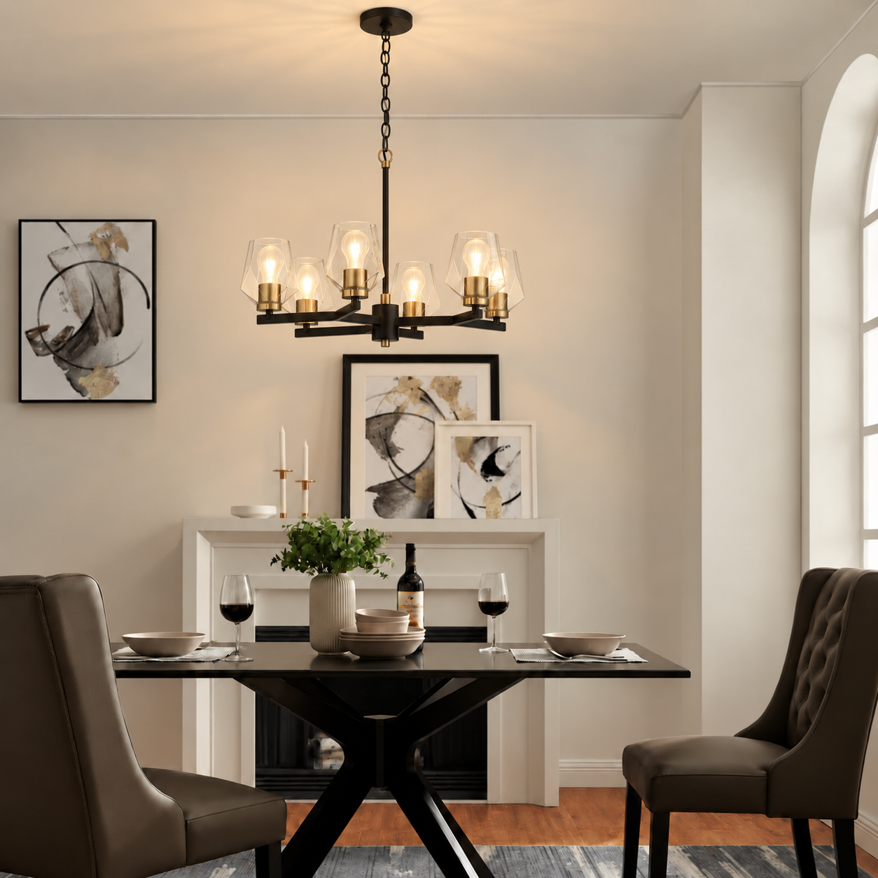Dining room transformed by the Avante Grand chandelier in flat black and satin brass